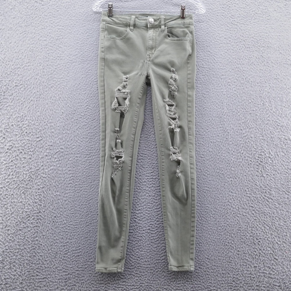 American Eagle Super Stretch Jeggings Womens 4 Regular Olive Green Distressed